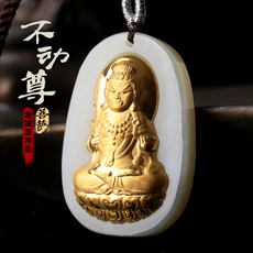 金镶玉本命佛吊坠★和田玉镶足金属鸡本命佛不动尊菩萨