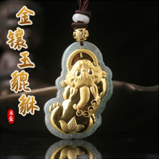金镶玉貔貅吊坠★和田玉镶足金貔貅项链