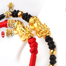 黄金貔貅彩绳手链★3D硬金足金工艺手工串制黄金首饰手串