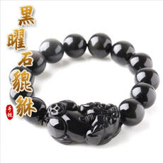 天然彩虹眼黑曜石貔貅手链★皮休手链饰品