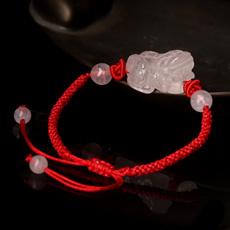 天然粉水晶貔貅手链★红色手编绳皮丘饰品