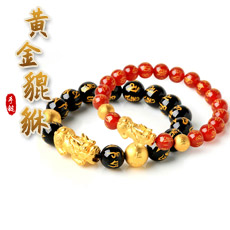 黄金貔貅六字真言转运黑玛瑙佛珠手链★3D硬金足金情侣手串