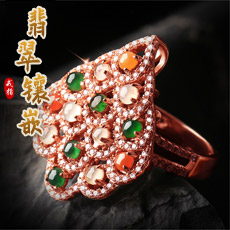 天然翡翠A货满绿红翡戒指★925玫瑰金镶嵌翡翠吊坠★玫瑰金温润色泽纯洁
